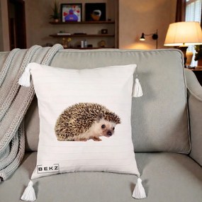 Perna Decorativa Arici Fotorealist, 40x40 cm, Bej cu Franjuri, Husa Detasabila, Perna Inclusa, BEKZ®