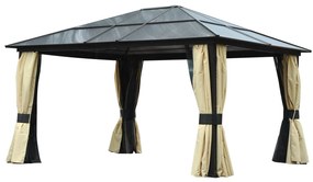 Outsunny Pavilion de grădină Hardtop 4.2 x 3.6 m, Draperii cu plasă împotriva insectelor, Structură din aluminiu, Maro+Crem | Aosom Romania