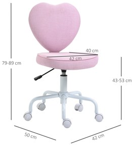 HOMCOM Scaun de Birou în Formă de Inimă, Bază cu 5 Roți, Înălțime Reglabilă, 40x50x79-89 cm, Roz | Aosom Romania