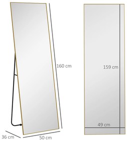 HOMCOM Mare oglindă rectagulară în întregime, 50 x 160 cm, oglindă pe picior, pe perete oră așezată pe podea, auriu | Aosom Romania