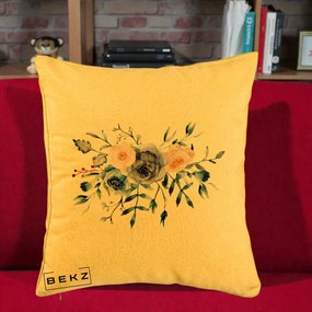 Perna Decorativa Buchet Flori Albastre Acuarela, 40x40 cm, Galben, Husa Detasabila, Perna Inclusa, BEKZ®