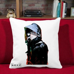Perna Personalizata Tokyo Ghoul Ken Kaneki cu Masca si Gluga, 40x40 cm, Alba Mata, Husa Detasabila, Perna Inclusa, BEKZ®