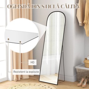 HOMCOM Oglindă de Podea și Perete, Oglindă Modernă cu Structură din Aliaj de Aluminiu și Suport Pliabil, 50x161.5 cm, Negru | Aosom Romania