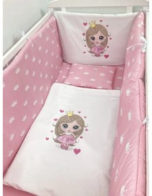 Lenjerie de pătuț bebeluși Personalizata imprimata 120x60 cm Prințesa cu coronițe albe pe roz