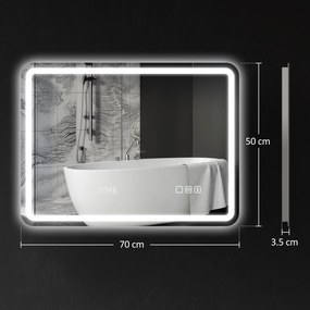 HOMCOM Oglindă de Baie cu LED 70x50 cm cu Bluetooth 3 Culori de Lumină Ceas Digital Funcție Antighear Funcție de Memorie | Aosom Romania