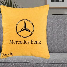Perna Personalizata cu emblema Mercedes-Benz, 40x40 cm, Galben, Husa Detasabila, Perna Inclusa, BEKZ®