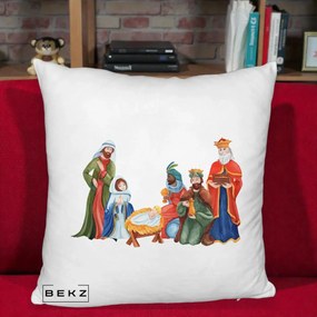 Perna Decorativa Nasterea Domnului Cei Trei Magi Acuarela, 40x40 cm, Alb Pufos, Husa Detasabila, Perna Inclusa, BEKZ®