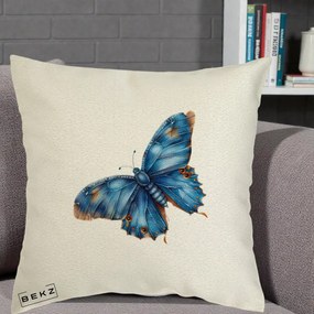 Perna Decorativa Fluture Albastru Satin cu Pete Aurii, 40x40 cm, Ecru, Husa Detasabila, Perna Inclusa, BEKZ®