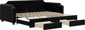 vidaXL Pat de zi cu extensie și sertare, negru, 90x190cm, textil