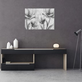 Tablou pe sticlă - Flori alb-negru pe fundal (70x50 cm)