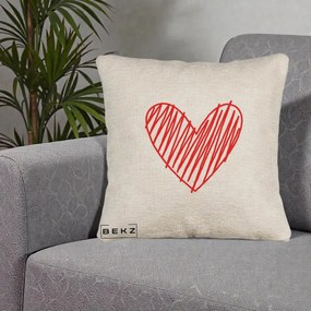 Perna Decorativa Inima Rosie Desen Manual, 40x40 cm, Bej Canapea, Husa Detasabila, Perna Inclusa, BEKZ®
