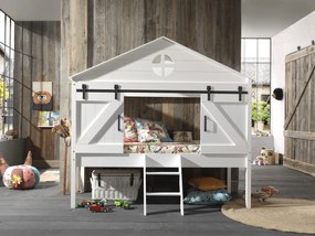 Pat Semi-Supraetajat Barnie pentru Copii, 90x200 cm, Alb (Pin Masiv și MDF) – Barnie – Vipack