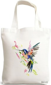 Sacosa de Panza pentru Cumparaturi, Geanta Tote, model Watercolor Bird, 38x34.5 cm, Alba, BEKZ®