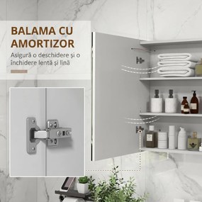 kleankin Oglindă Baie cu Dulap și LED, 80 x 65cm, Ușă Soft Close, Reglabilă pe 3 Culori, Rafturi Ajustabile, Alb Lucios | Aosom Romania