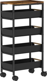HOMCOM Cărucior de bucătărie cu 5 niveluri și 4 coșuri detașabile, din metal, PP și PAL, 39,5x24x82 cm, negru/stejar | Aosom Romania
