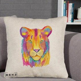 Perna Decorativa Leu Acuarela Curcubeu, 40x40 cm, Bej Canapea, Husa Detasabila, Perna Inclusa, BEKZ®