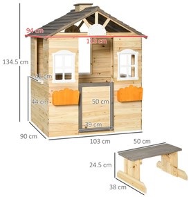 Outsunny Casa de Joaca din Lemn pentru Copii pentru Jocuri de Rol, cu Usa Functionala, Ferestre, Banca, Statie de Service, pentru Copii de 3-7 ani