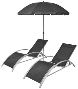 42161 vidaXL Șezlonguri de plajă cu umbrelă, negru, aluminiu