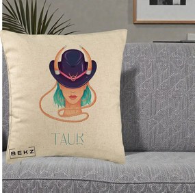 Perna Personalizata Zodie Taur, 40x40 cm, Bej, Husa Detasabila, Perna Inclusa, BEKZ®