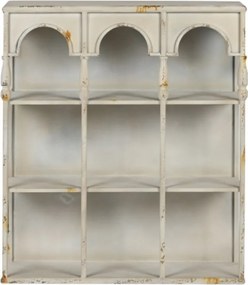 Etajeră de perete vintage din metal, alb, cu 9 compartimente și trei arcade, finisaj antichizat, 70 x 60 x 20 cm, „Fontaine”