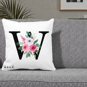 Cadou Personalizat - Perna Personalizata Monograma Florala Litera W cu Trandafiri si Anemona, 40x40 cm, Alba Mata, Husa Detasabila, Perna Inclusa, BEKZ®