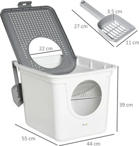 PawHut Litieră Închisă pentru Pisici cu 2 Intrări, cu Tavă și Lopățică, Litieră Acoperită din Plastic, 44x55x39 cm, Alb | Aosom Romania