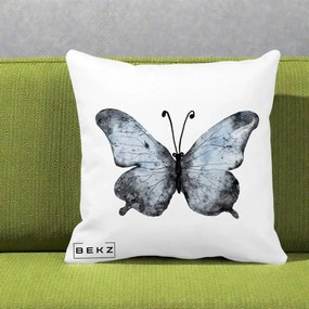 Perna Decorativa Fluture Acuarela Albastru-Gri, 40x40 cm, Alba Mata, Husa Detasabila, Perna Inclusa, BEKZ®