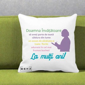 Cadou pentru Invatatoare - Perna Personalizata Doamna Invatatore La Multi Ani cu Silueta si Text Colorat, 40x40 cm, Alba Mata, Husa Detasabila, Perna Inclusa, BEKZ®