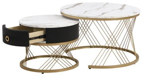 Set de 2 Măsuțe de Cafea Moderne Modulare din Marmură Sintetică cu Detalii Aurii și Sertare, Dimensiuni 70x70x45 cm și 50x50x40 cm, Alb
