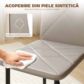 HOMCOM Set de 6 Scaune de Sufragerie, cu Spătar Înalt cu Cusături Tip Romb din Piele Ecologică și Oțel, 41x50x97 cm, Gri | Aosom Romania