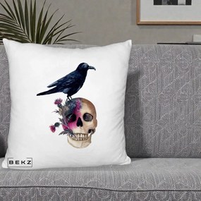 Perna Decorativa Craniu cu Corb si Flori Gothic, 40x40 cm, Alb Pufos, Husa Detasabila, Perna Inclusa, BEKZ®