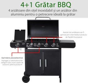 Outsunny Gratar pe Gaz cu 5 Arzatoare Rafturi Laterale si Dulap Inferior cu Usa, Gratar de Gradina cu Roti din Otel si PP, 125x51x100 cm, Negru