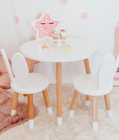 Set masuta rotunda alba si 2 scaunele iepuras albe
