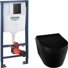 Pachet vas wc suspendat rimless Balneo Luxa, capac softclose, rezervor incastrat Grohe Even si clapeta Grohe Even negru mat