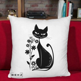 Perna Decorativa Pisica Neagra Grafica Minimalista, 40x40 cm, Alb Pufos, Husa Detasabila, Perna Inclusa, BEKZ®