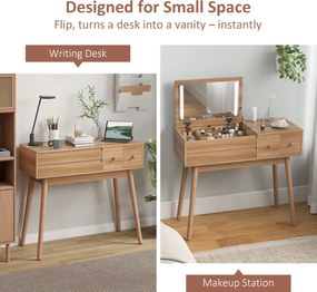 HOMCOM Masă de Toaletă pentru Machiaj cu Oglindă Rabatabilă și Lumini LED, Stație de Machiaj cu 3 Sertare, Compartimente Interne și Picioare din Pin, Masă de Toaletă pentru Dormitor, Modernă, 100x40x87 cm, Culoare Nuc | Aosom Romania