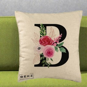Cadou Personalizat - Perna Personalizata Monograma Florala Litera B, 40x40 cm, Bej, Husa Detasabila, Perna Inclusa, BEKZ®