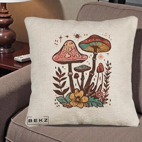 Perna Decorativa Ciuperci Boho Multicolore, 40x40 cm, Bej Canapea, Husa Detasabila, Perna Inclusa, BEKZ®