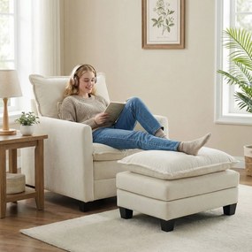 HOMCOM Fotoliu de salon cu taburet, fotoliu 1 loc din chenille, șezut lat, umplutură dublă, 85x128x86cm, crem | Aosom Romania