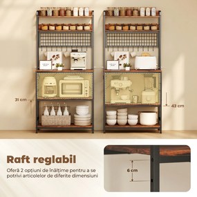 HOMCOM Raft de Bucătărie cu Prize și Rafturi Reglabile, Raft pentru Cuptor cu Microunde cu 5 Niveluri, Panou cu Grilaj și 10 Cârlige, Mobilier Vintage Structură din Oțel, 80x40x170 cm, Maro Rustic | Aosom Romania