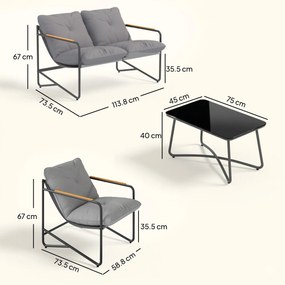 Set de Grădină Outsunny cu Canapea, 2 Fotolii și Măsuță cu Blat din Sticlă, Mobilier de Exterior cu Perne Groase, Gri Deschis | Aosom Romania
