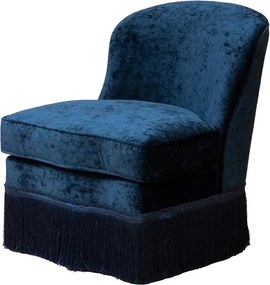 Fotoliu din catifea albastru închis, formă rotunjită, cu franjuri decorativi, 73×78×64 cm, „Costanza"