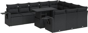 vidaXL Set canapele de grădină cu perne, 11 piese, negru, poliratan
