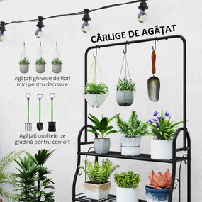 Outsunny Suport pentru Plante cu 3 Niveluri, cu Bară pentru Agățat și Cârlige, Raft Metalic pentru Ghivece și Flori, pentru Interior și Exterior, Balcon, Living, Dormitor, Negru | Aosom Romania