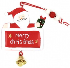 Decorațiune roșie, din metal, Moș Crăciun, cu clopoțel - Merry Christmas