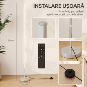 HOMCOM Lampă de Podea LED Reglabilă cu Telecomandă de 150cm Înălțime, Argintiu | Aosom Romania