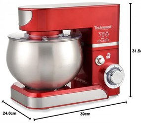Mixer planetar Techwood TRO-1065, 1000W, 5 litri, 6 viteze, Pulse, Protectie la suprasarcina, Rosu/Inox