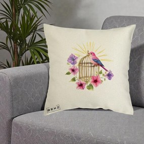 Perna Decorativa Pasare Roz pe Colivie Aurie cu Flori, 40x40 cm, Ecru, Husa Detasabila, Perna Inclusa, BEKZ®