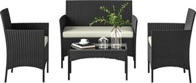 Outsunny Set Mobilier Grădină din Ratan Sintetic cu Canapea, Fotolii și Masă din Sticlă Securizată și Perne Negru și Crem | Aosom Romania