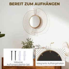 HOMCOM Oglindă Decorativă de Perete Rotundă, Design Modern cu Benzi Metalice și Ramă Plisată, Pentru Sufragerie, Dormitor și Hol, 60x60 cm, Auriu | Aosom Romania